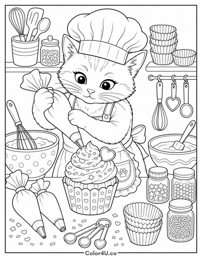 Cat chef decorating a cupcake in a bakery kitchen, detailed coloring page, free printable