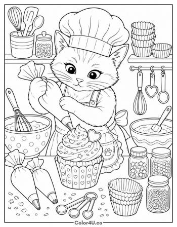 Cat Chef's Cupcake coloring page
