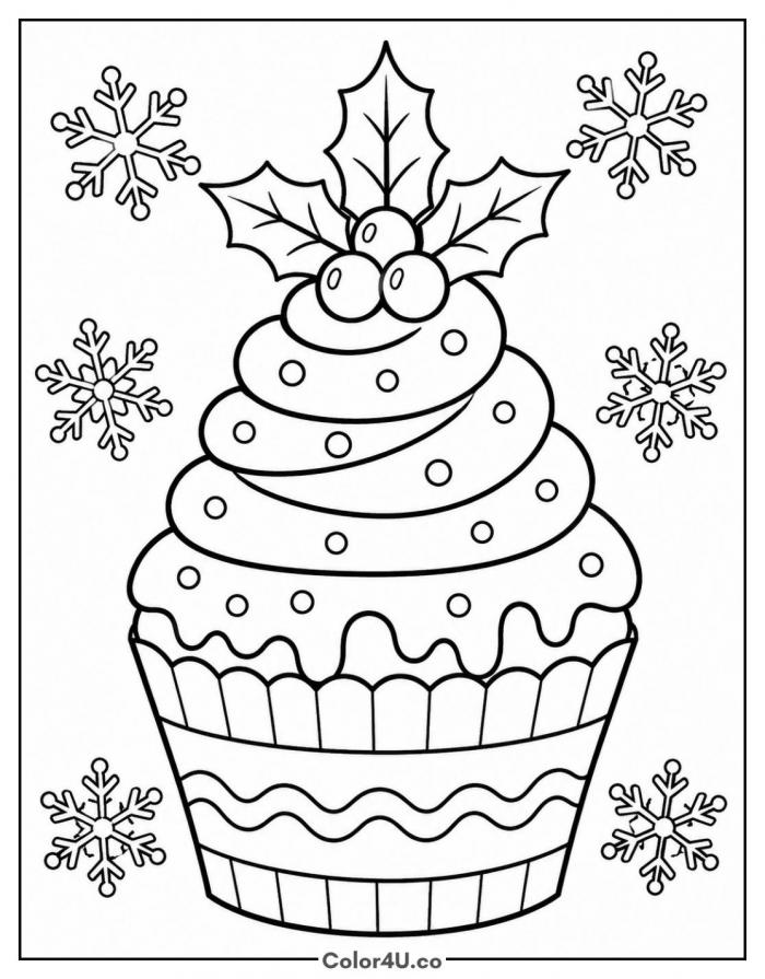 Christmas cupcake with holly and snowflakes, medium coloring page, free printable