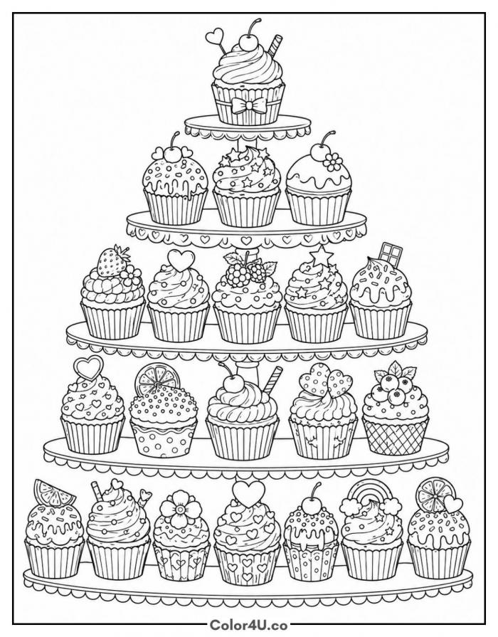 Five-tier cupcake tower with twenty cupcakes, detailed coloring page, free printable