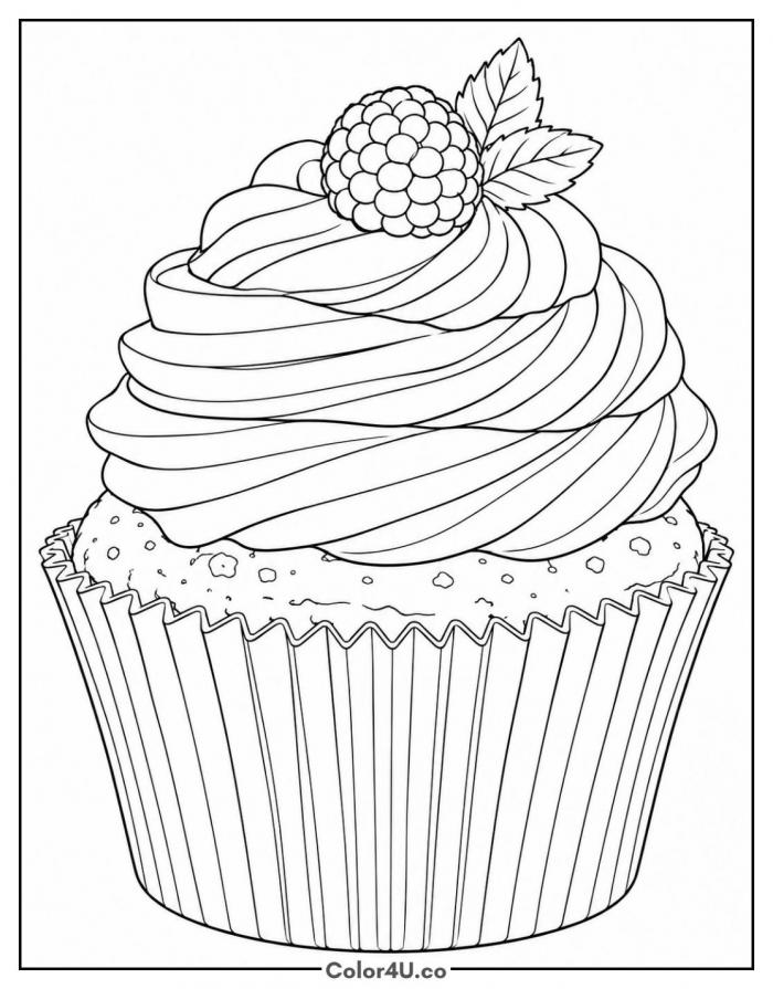 Realistic cupcake with raspberry topping, medium coloring page, free printable