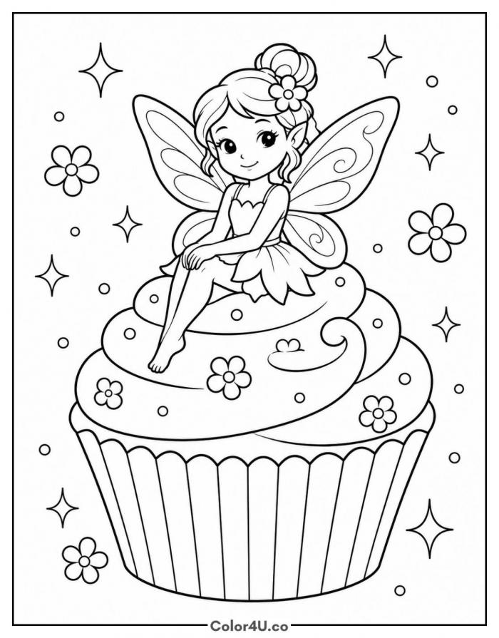Fairy sitting on a flower-topped cupcake, detailed coloring page, free printable