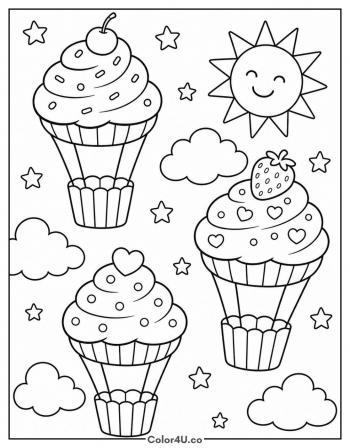 Cupcake Hot-Air Balloons coloring page