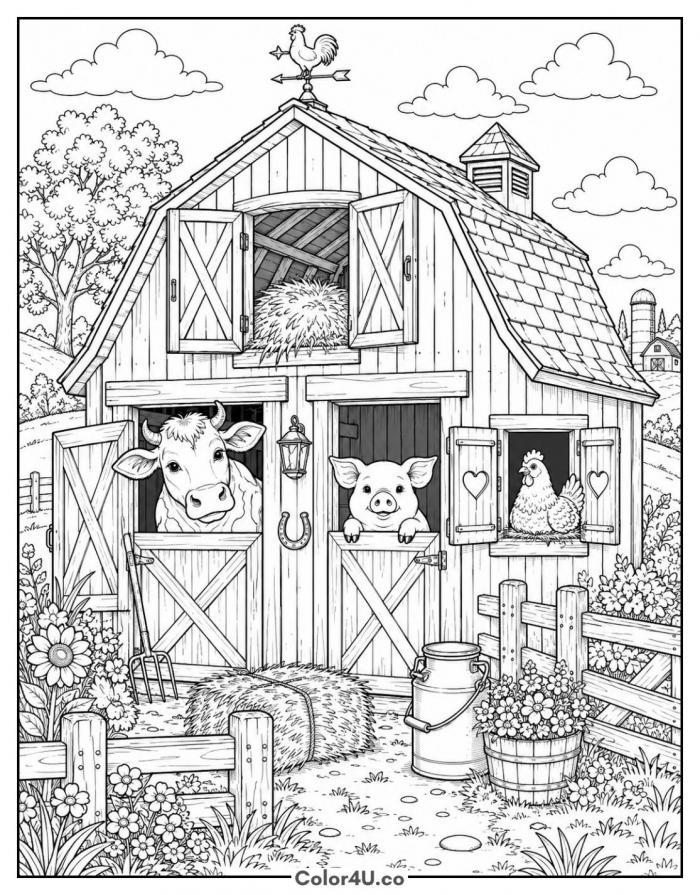 Cow, pig, and chicken peeking from a barn, detailed farm coloring page, free printable