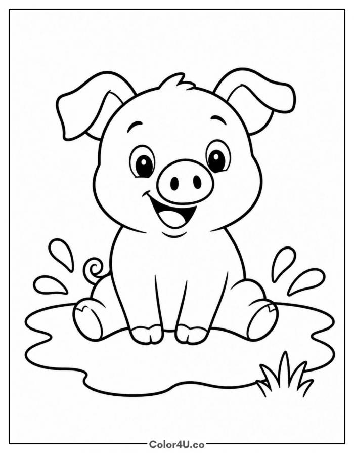 Little piglet sitting in a mud puddle, easy farm coloring page, free printable