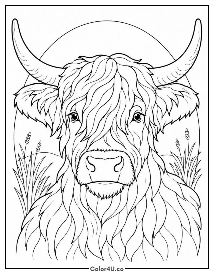 Highland cow portrait with long shaggy fur and horns, detailed coloring page, free printable