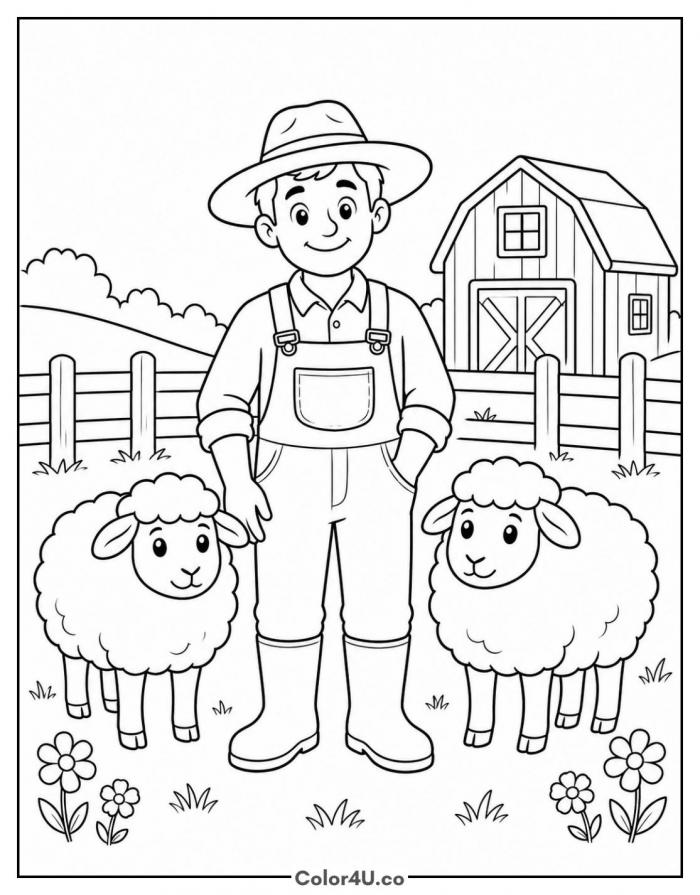 Farmer standing with two sheep in front of a barn, medium farm coloring page, free printable