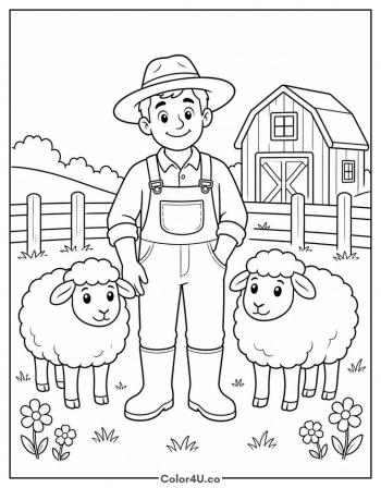 Farmer with Two Sheep coloring page