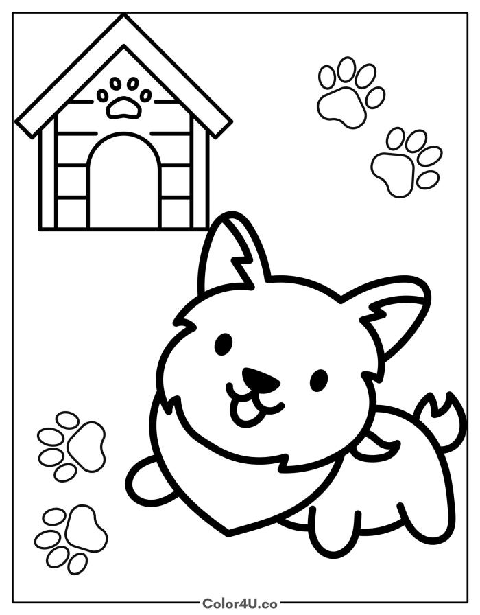 Happy Corgi running past a doghouse with paw prints, medium dog coloring page, free printable