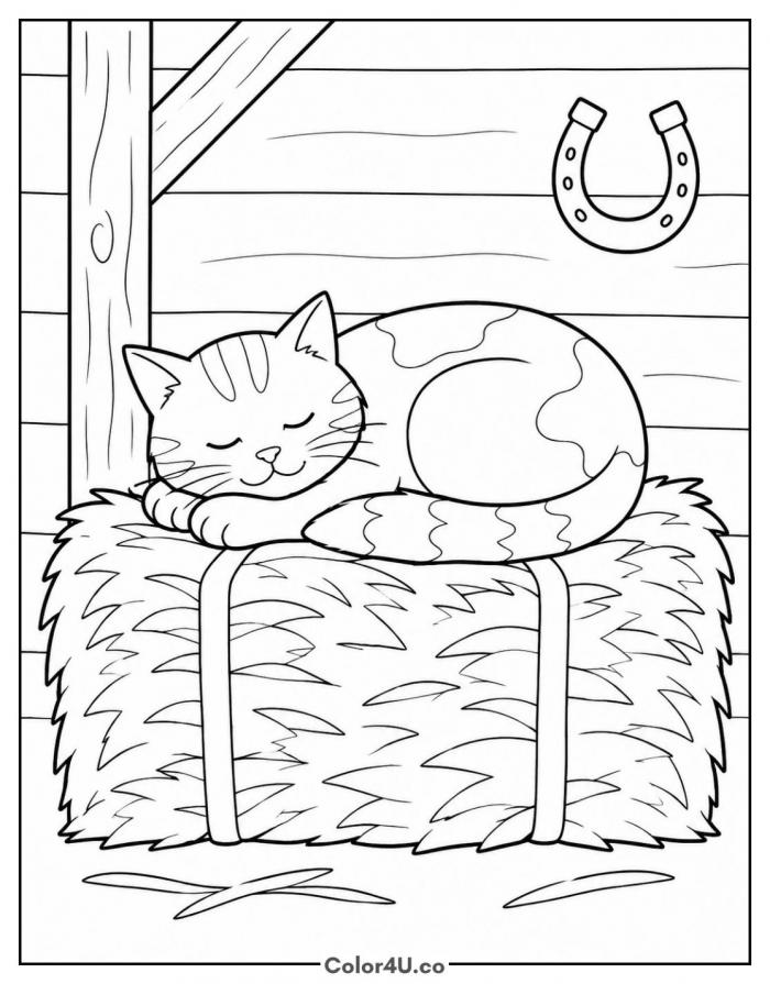 Barn cat sleeping on a hay bale, detailed farm coloring page, free printable