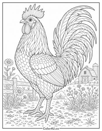 Detailed Rooster with Ornate Feathers coloring page