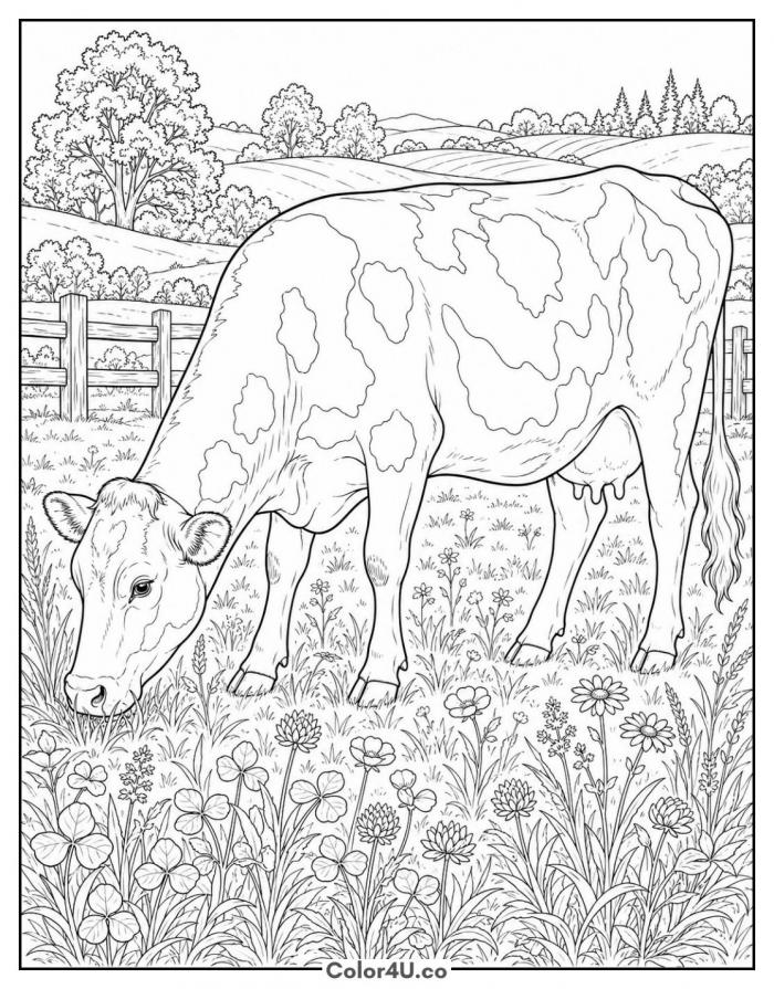 Cow grazing in a wildflower meadow, detailed farm coloring page, free printable