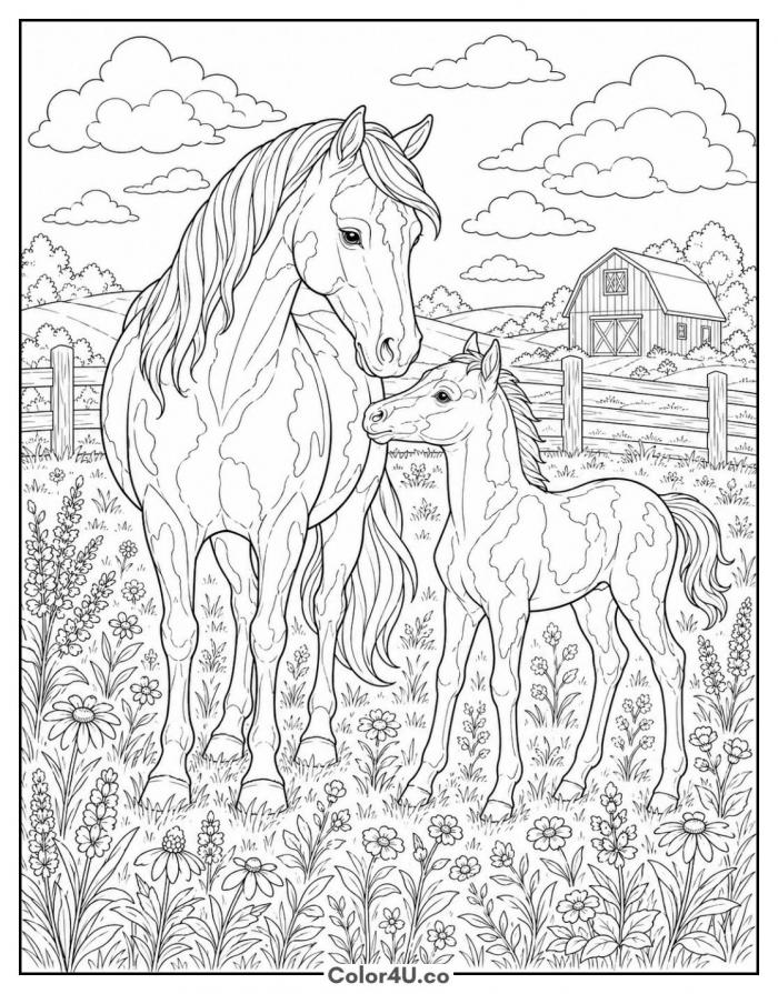 Horse and foal standing in a flower pasture, detailed farm coloring page, free printable