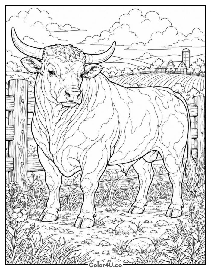 Sturdy bull standing by a wooden fence, detailed farm coloring page, free printable