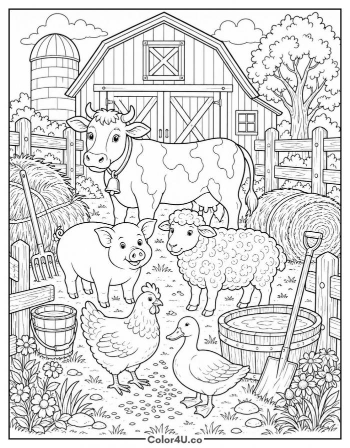 Farm animals gathered together outside a barn, detailed farm coloring page, free printable