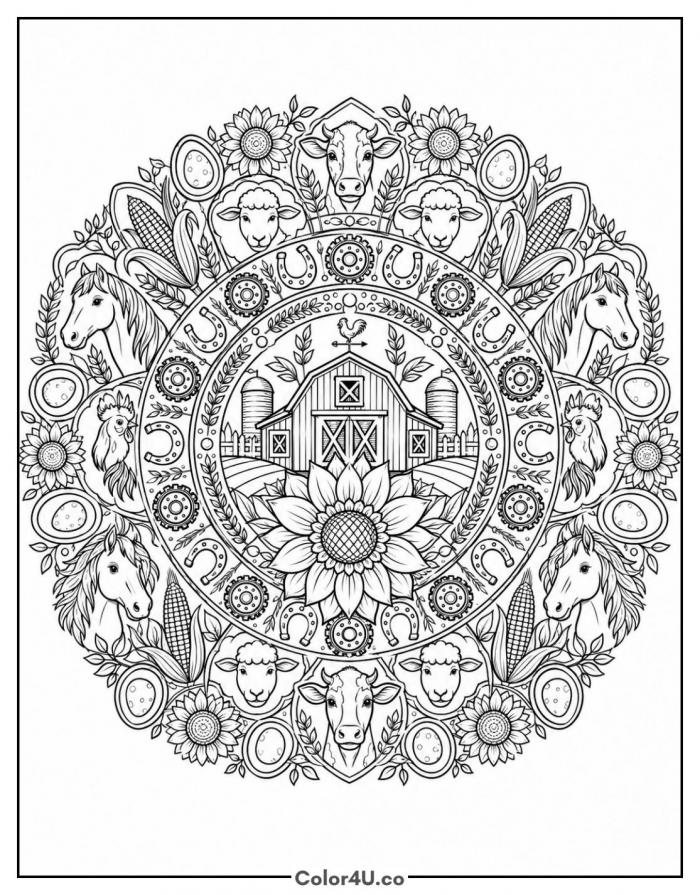 Farm animal mandala with barn, horses, and sunflowers, detailed coloring page, free printable