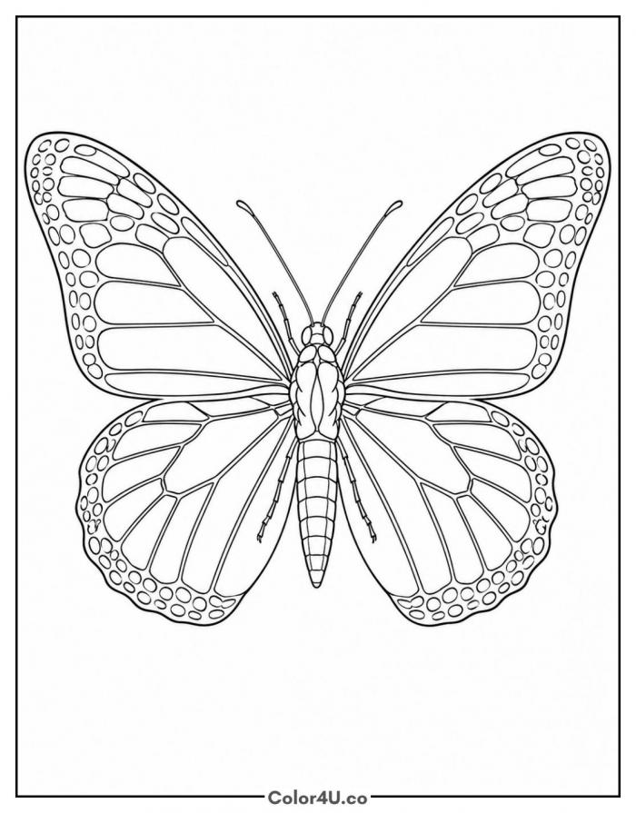 Monarch butterfly with wings spread, detailed butterfly coloring page, free printable