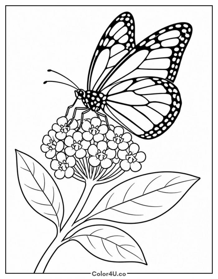 Monarch butterfly on milkweed flowers, detailed butterfly coloring page, free printable