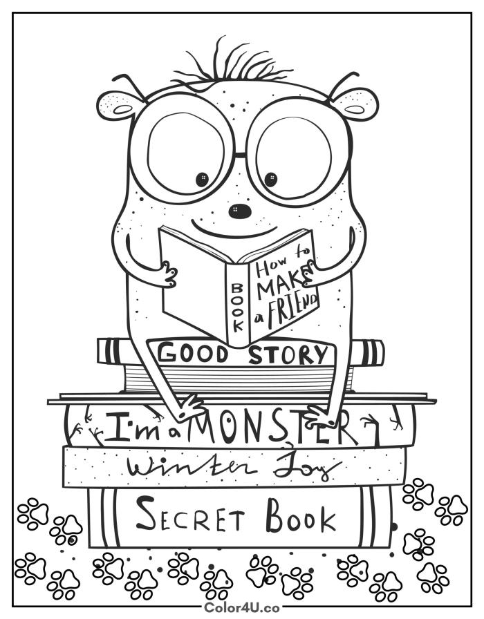 Dog sitting on books wearing glasses and reading, medium dog coloring page, free printable