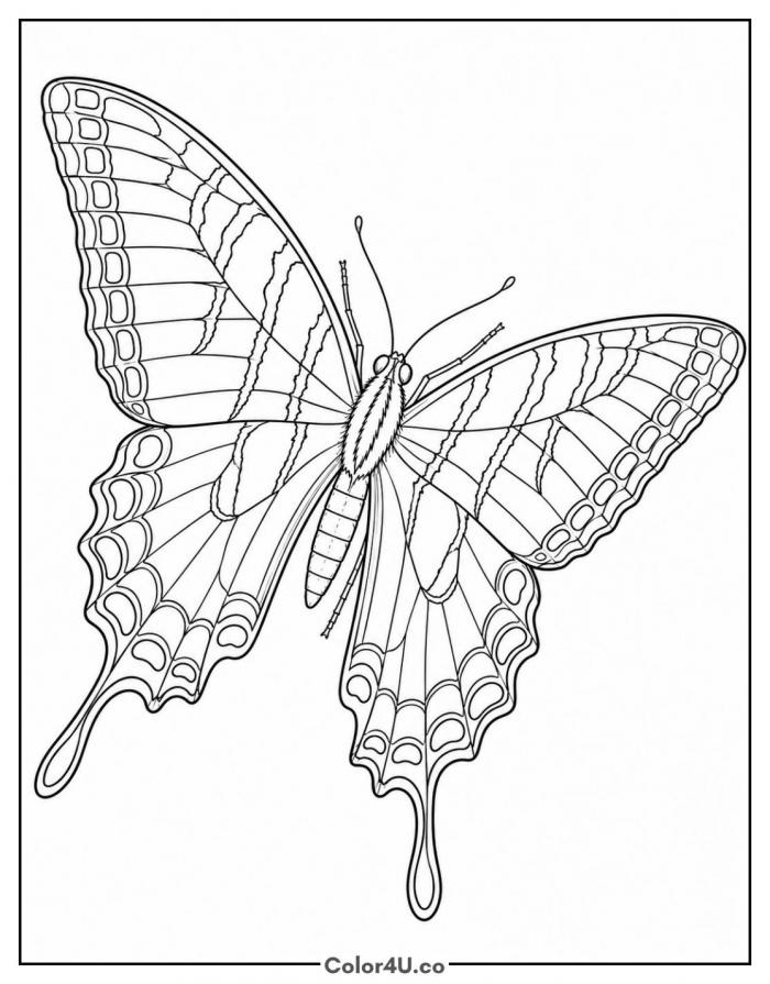 Swallowtail butterfly with wings spread, detailed butterfly coloring page, free printable
