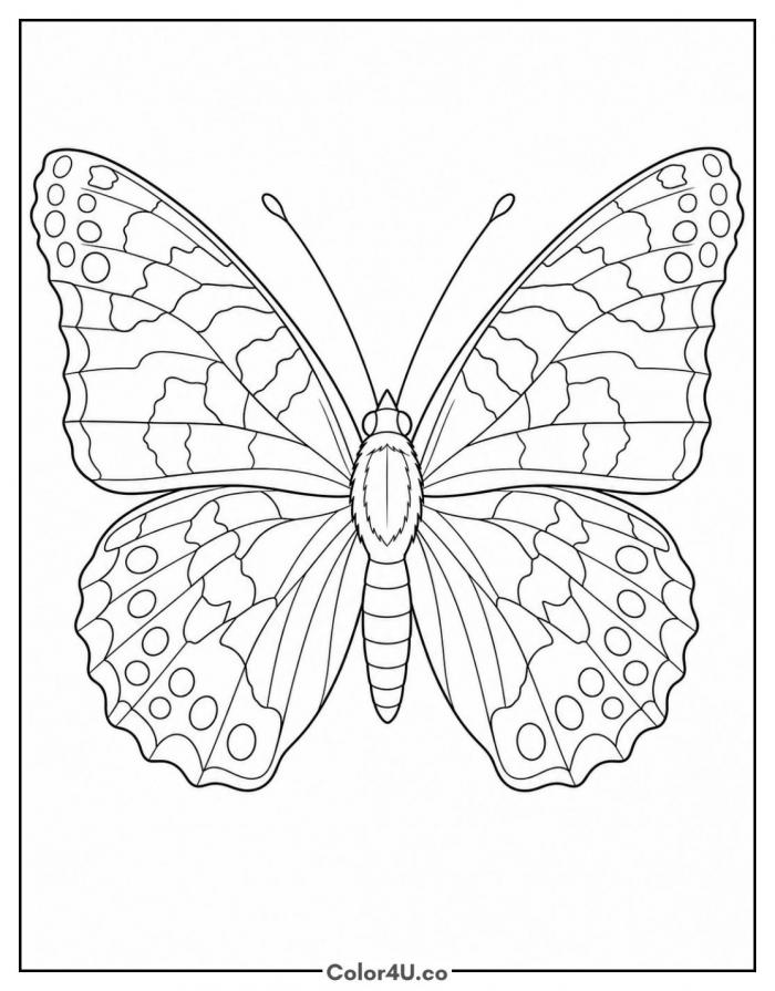Painted lady butterfly with wings spread, detailed butterfly coloring page, free printable