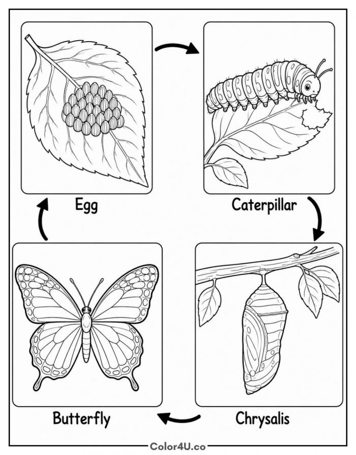 Butterfly life cycle diagram with four labeled stages, detailed coloring page, free printable