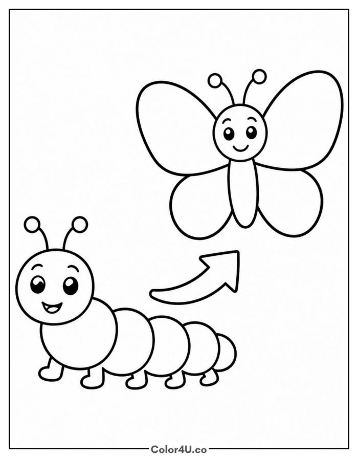 Caterpillar and butterfly with arrow between them, easy coloring page, free printable