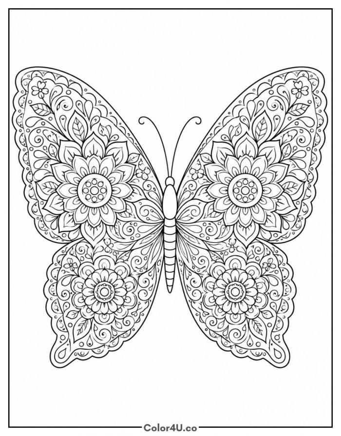 Floral butterfly mandala with flowers on each wing, detailed coloring page, free printable
