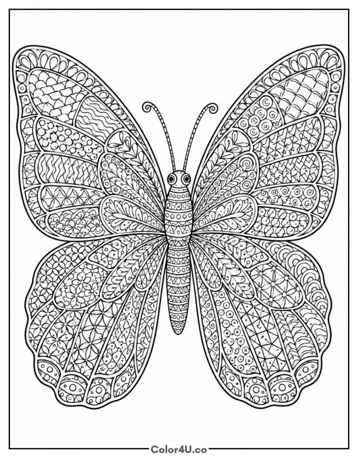 Zentangle butterfly with mixed pattern-filled wing cells, detailed coloring page, free printable