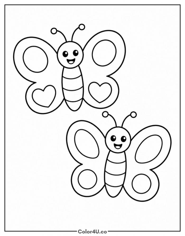 Two smiling cartoon butterflies with heart and circle wings, easy coloring page, free printable