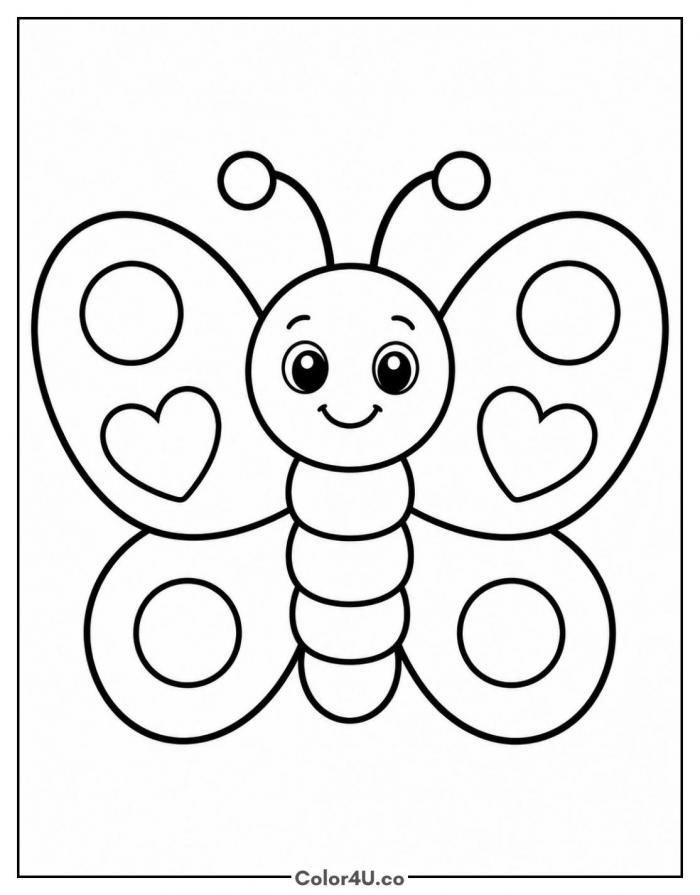 Big friendly butterfly with heart and circle wing patterns, easy coloring page, free printable