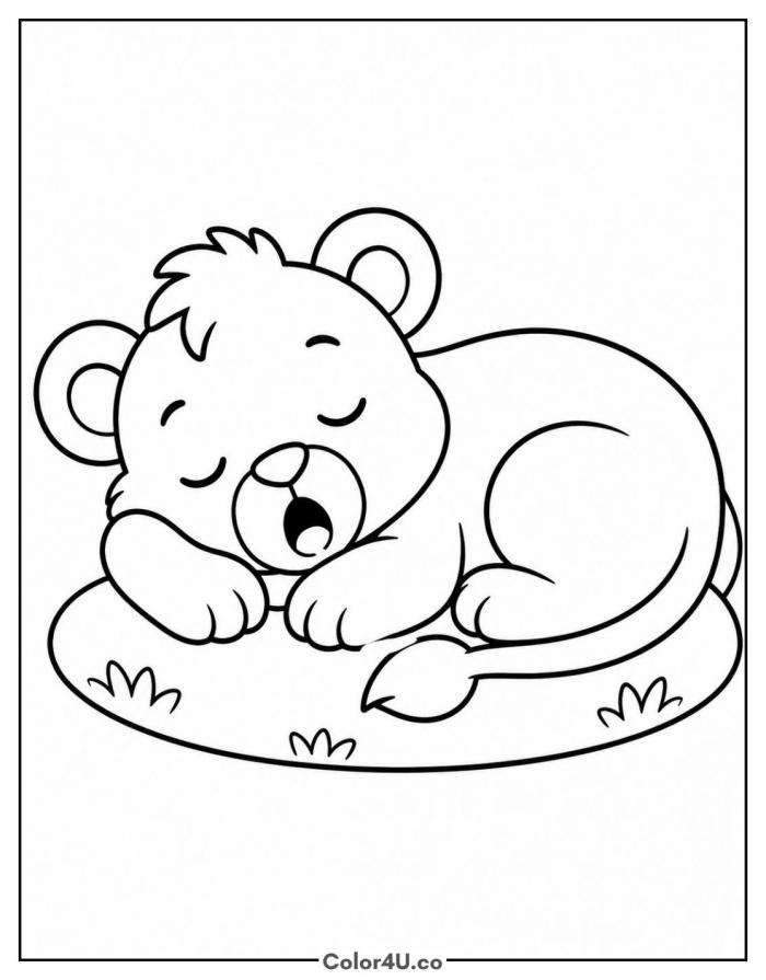 Sleepy lion cub napping on grass, easy Lion coloring page, free printable