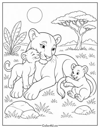 Mama Lioness and Her Cubs coloring page