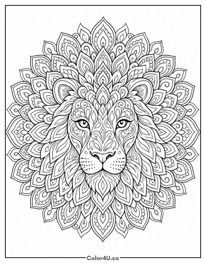 Lion face inside a mandala design, detailed coloring page, free printable