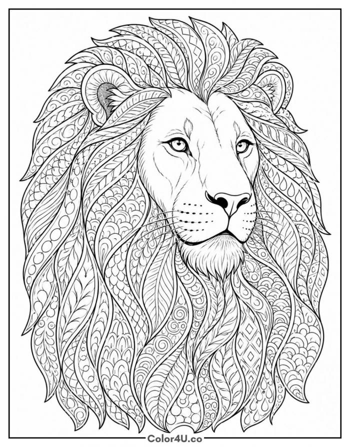 Lion portrait with zentangle mane patterns, detailed coloring page, free printable