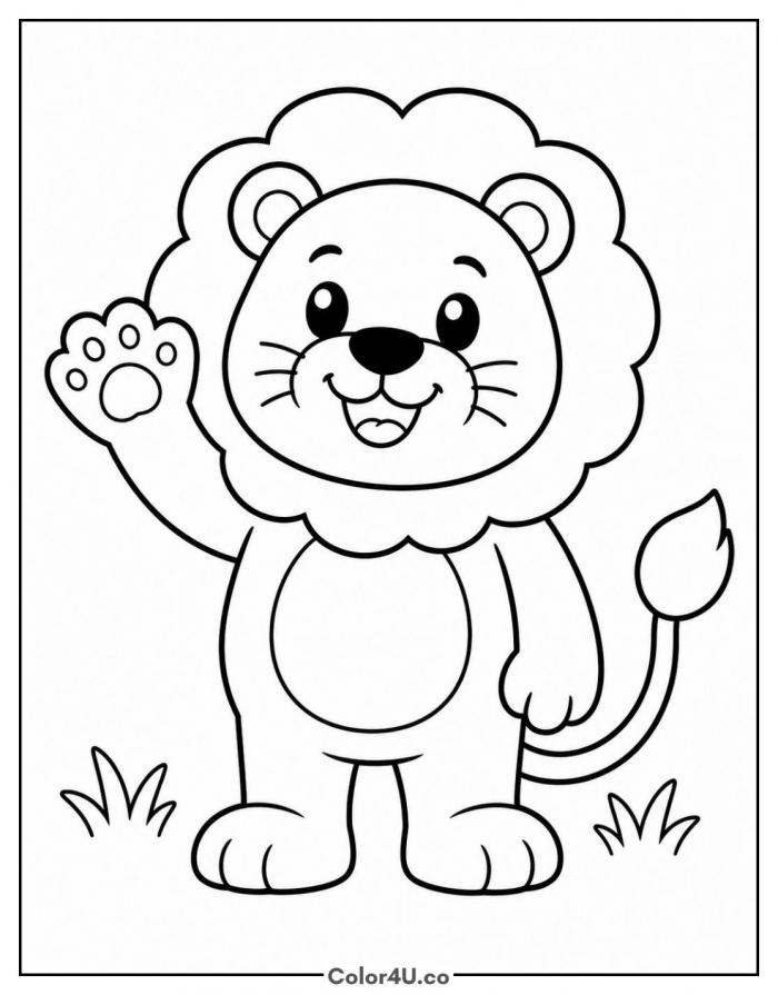 Cartoon lion waving in the grass, easy Lion coloring page, free printable