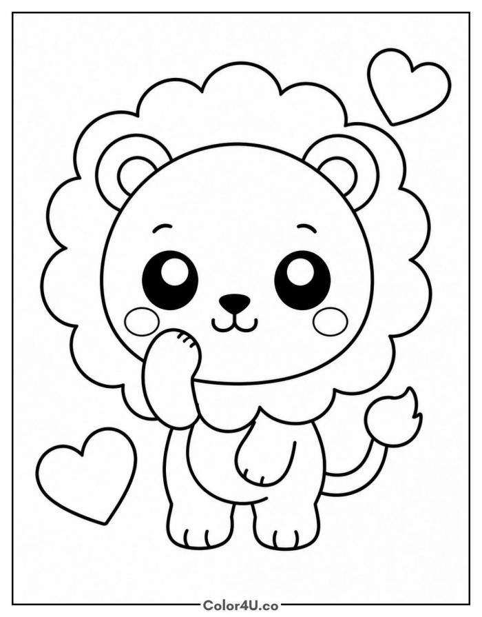 Kawaii chibi lion with blushing cheeks and hearts, easy Lion coloring page, free printable
