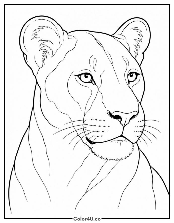 Realistic lioness portrait close-up, detailed Lion coloring page, free printable