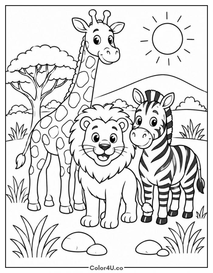 Lion with giraffe and zebra friends on the savanna, detailed Lion coloring page, free printable