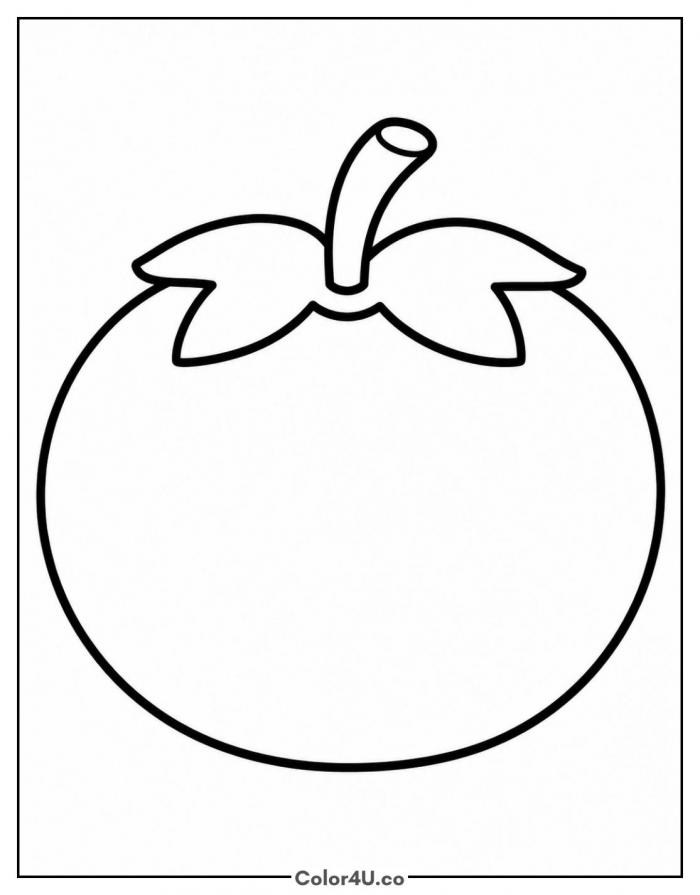 Whole tomato with stem and leaves, easy fruit coloring page, free printable