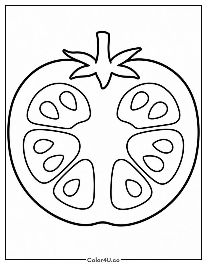 Tomato sliced in half showing seed pockets, easy fruit coloring page, free printable