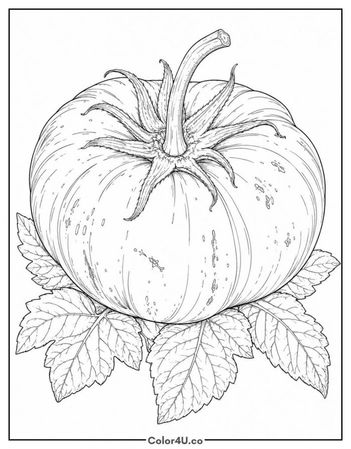 Realistic tomato with textured skin and leaves, detailed coloring page, free printable