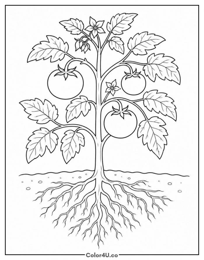 Tomato plant with leaves, fruit and roots, detailed coloring page, free printable