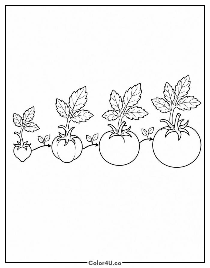 Four tomato plants showing growth stages, medium coloring page, free printable