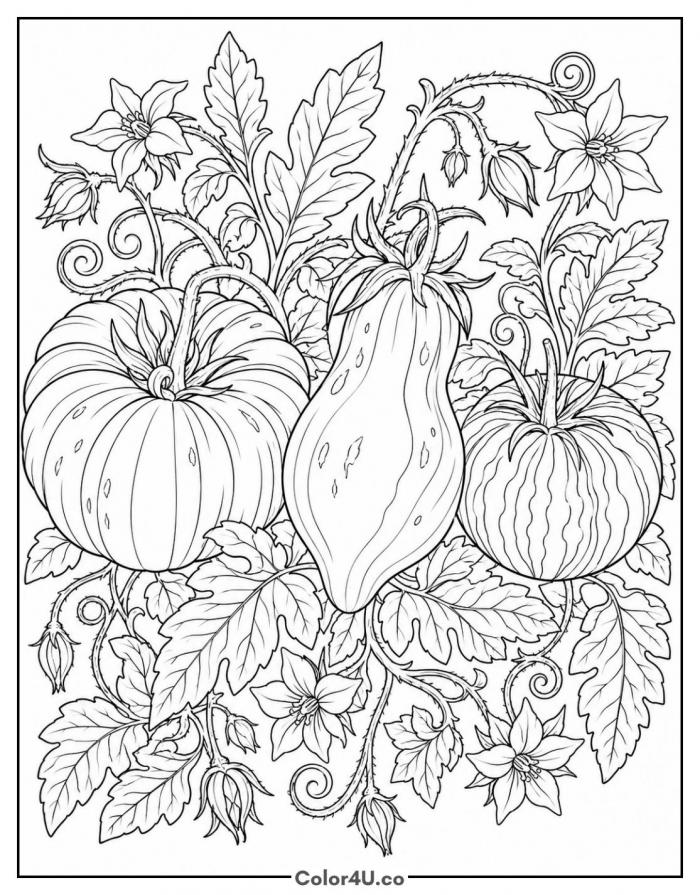 Three heirloom tomato varieties with vines and flowers, detailed coloring page, free printable