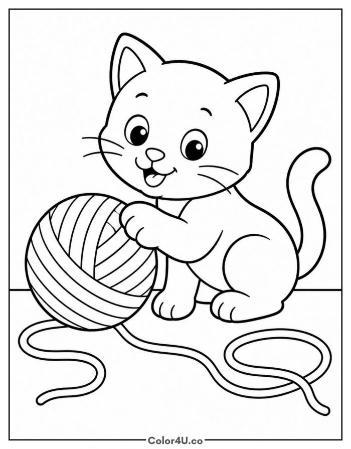 Kitten playing with yarn, easy cat coloring page, free printable