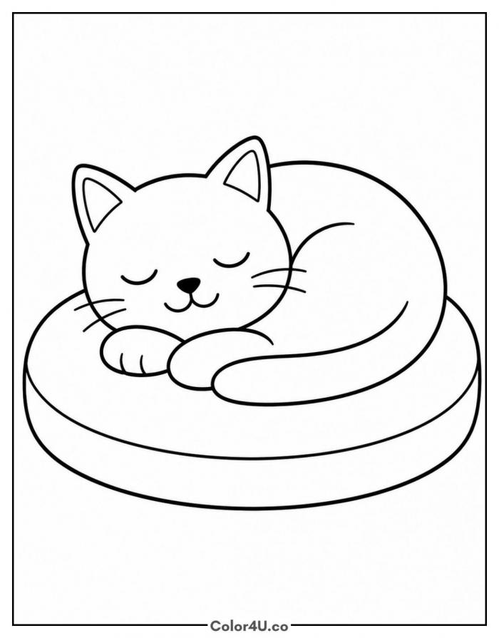 Sleeping cat curled on a cushion, easy cat coloring page, free printable