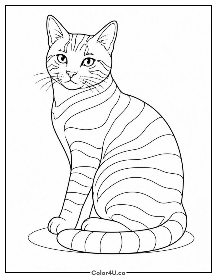Striped tabby cat sitting, medium cat coloring page, free printable