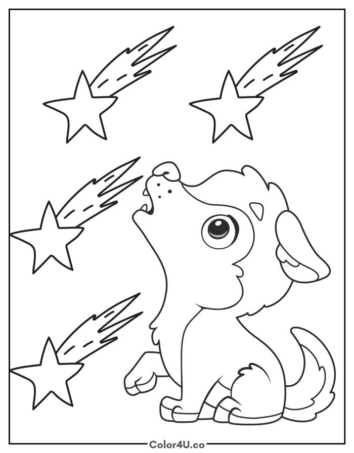Puppy gazing up at shooting stars, medium dog coloring page, free printable