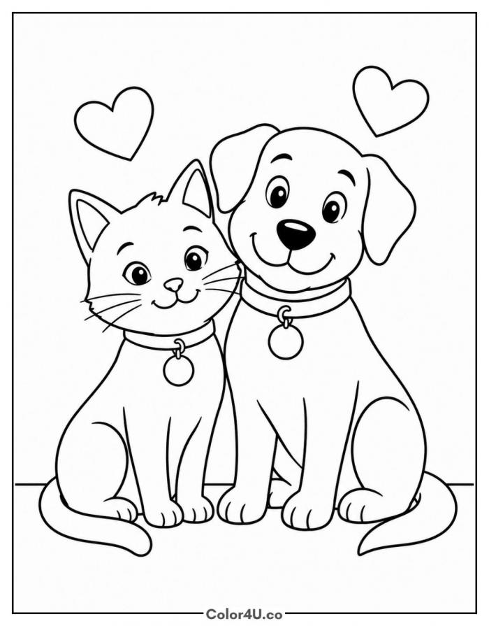 Cat and dog sitting together with collars, easy coloring page, free printable